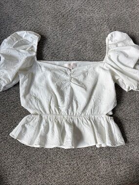 Wayf White Square Neck Puff Sleeve Peplum Top